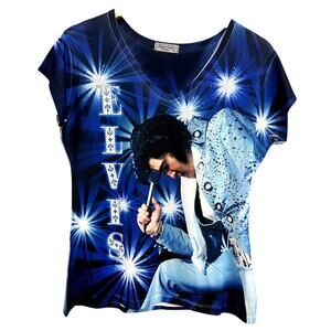 NWOT Sweet Gisele Elvis Bright Blue Rhinestone V-Neck Graphic Tee Medium